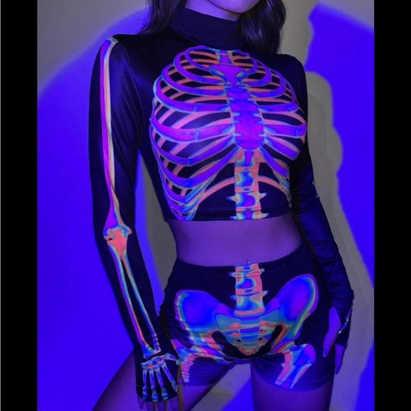 UV Reactive Rainbow Skeleton 2 Piece Shorts Set - Picture 2 of 7